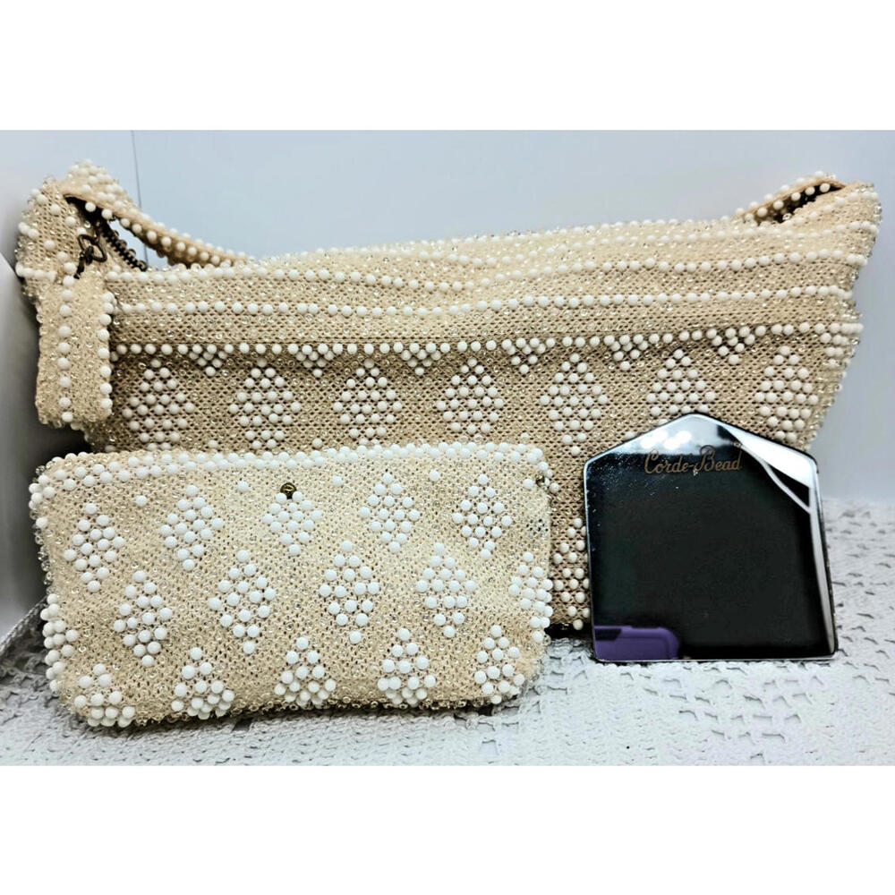 Lumured Corde Cream Dot Beaded Handbag 1940s-50s Evening Bag Mirror Coin Purse